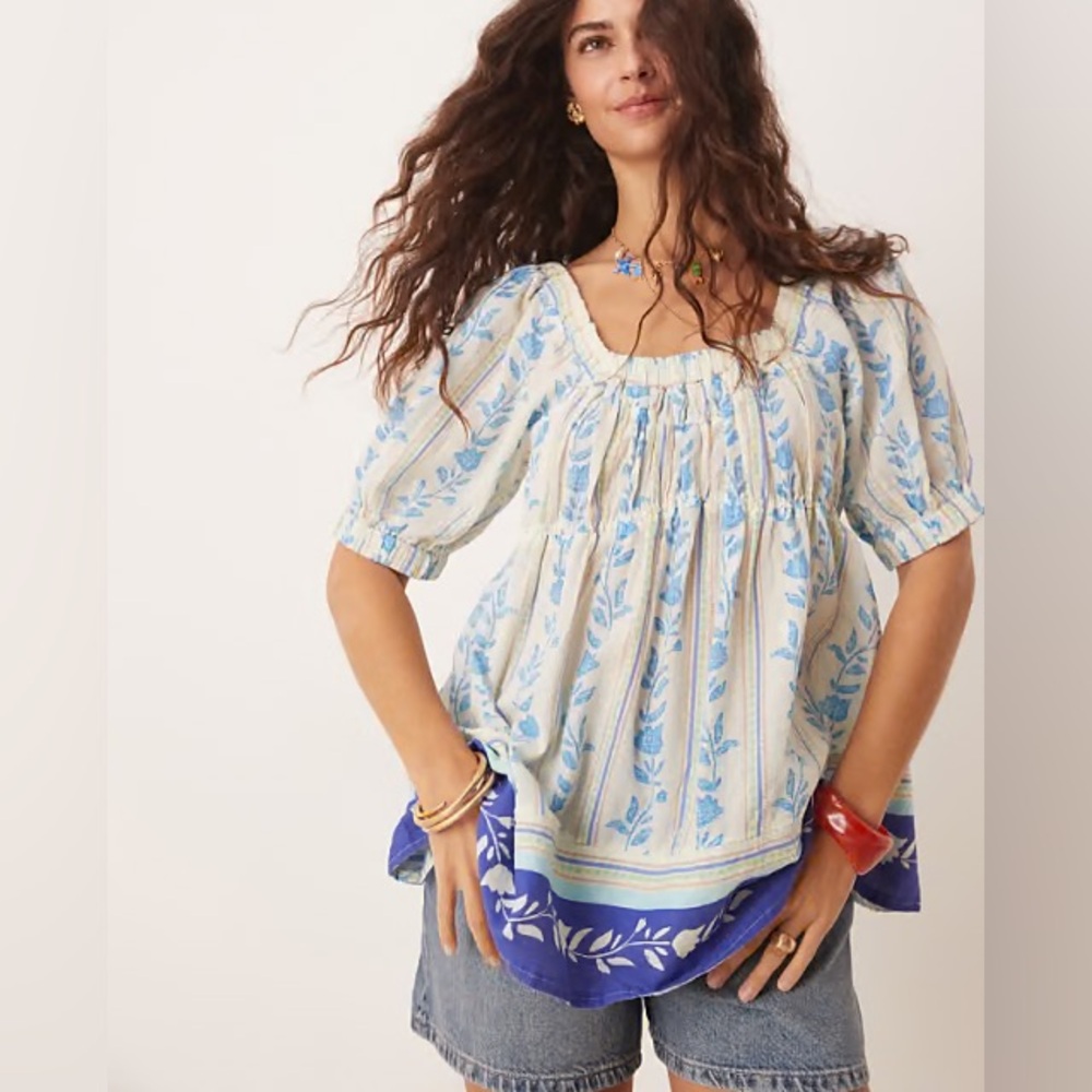 Free People Santorini Print Puff Sleeve Empire Waist Long Cotton Tunic Top NEW L
